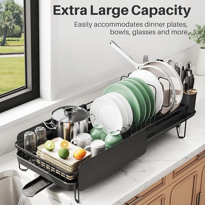 Large Expandable Dish Drying Rack for Kitchen Counter, 19.3-29.4 in, Black | Family Size Capacity, Adjustable Dividers for Pan, Lid & Cutting Board, Stainless Steel, Rotating Spout, Utensil Holder