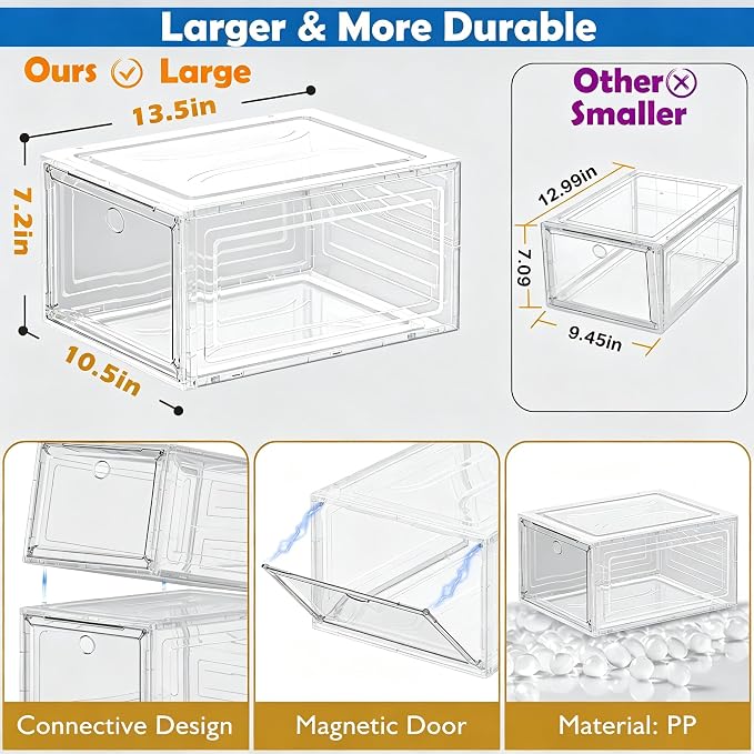 7 code Shoe Organizer, Clear Thickened Stackable Shoe Boxes with Magnetic Door, Collapsible Closet Storage Rack for Sneakers & Boots, 6 Pack White, Virgin Material, Not Recycled Plastic for Household