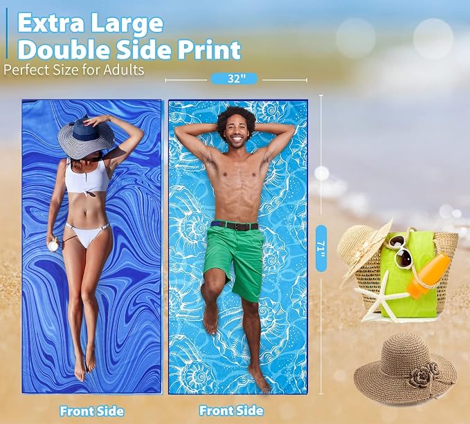 TwoYek Microfiber Beach Towel Extra Large 71x32 Blue Shell 2 Pack | Thin & Lightweight, Sand Free, Super Absorbent & Quick Dry, Oversized Towels for Beach Bath Pool Swim Travel Essentials Gift