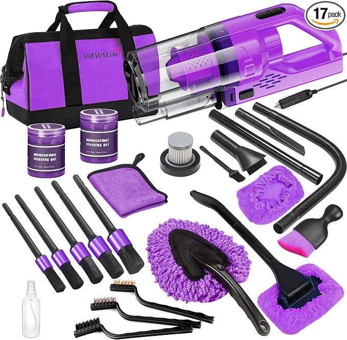 17PCS Car Cleaning Kit, Purple Car Interior Detailing Kit with High Power Handheld Vacuum, Detailing Brush Set, Windshield Cleaner, Cleaning Gel, Complete Auto Accessories for Women Gift