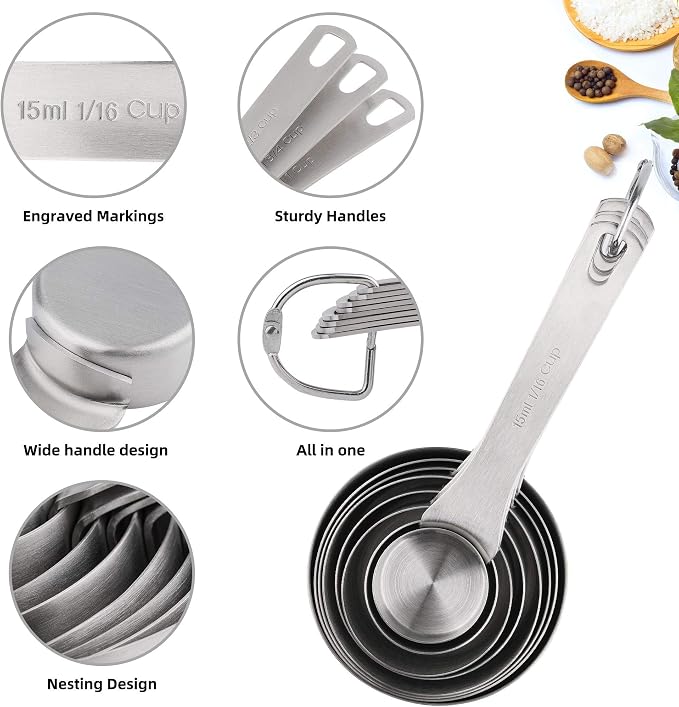 Measuring Cups Set, 18/8 Stainless Steel Measuring Cups and Spoons Set, 8 Kitchen Measuring cups & 9 Baking Measuring Spoons & Magnetic Conversion Chart&Leveler&Rings-Metal Measure Cups&Spoons