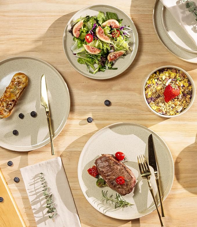 TheTerra Ceramic Dinnerware Sets for 8, 24 Pieces Porcelain Lightweight Speckled Plates and Bowls Sets, Scratch Resistant Dish Set, Oven & Microwave & Dishwasher Safe, Cappuccino