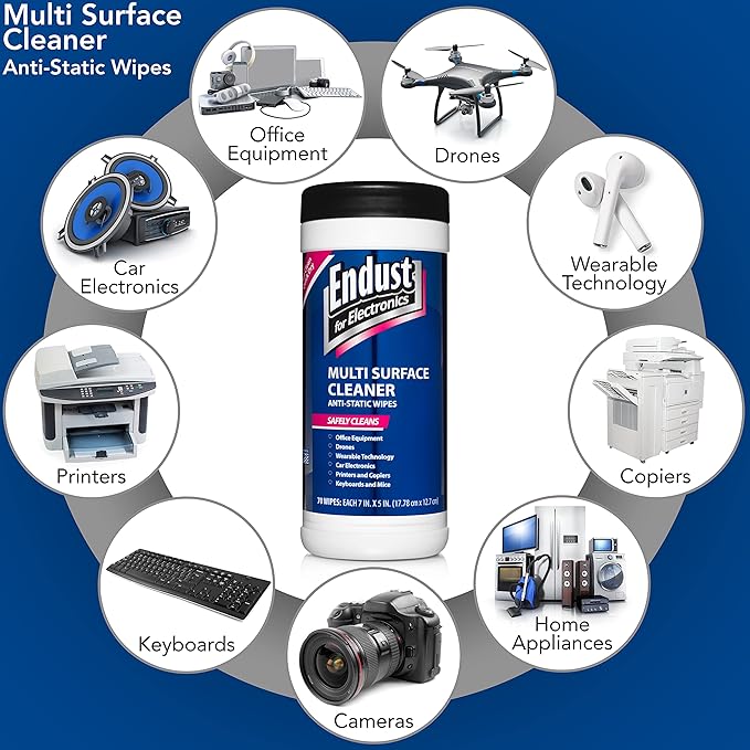 Endust For Electronics; Multi-Surface, Anti-Static, Electronics Cleaning Wipes; Alcohol & Ammonia Free; 12 Pack of 70 Wipes per Container (259000P12)
