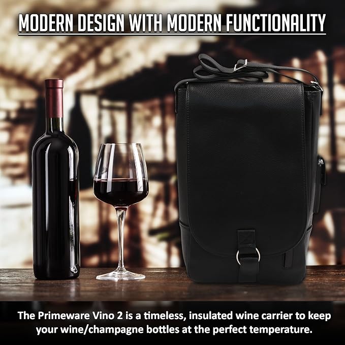 Vino2 Two Bottles Saddle Leather Wine Tote Messenger Carrier (Black)