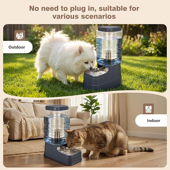 2.2 Gallon Pet Automatic Dog Water Dispenser Cat Gravity Waterer Feeder with Stainless Steel Bowl 8L Large Capacity Puppy Feeding Raised Bowls with Filter,Ice Pack (Charcoal Gray, 8L(2.2 Gallon))