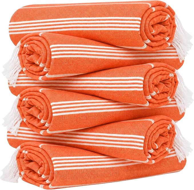 HAVLULAND Turkish Beach Towel Set of 6 Oversized 72x40 100% Turkish Cotton | Soft Hammam Peshtemal, Sand Free, Quick-Dry, Absorbent Bath Towel | Lightweight & Compact for Travel, Pool, Gym, Spa - Orange
