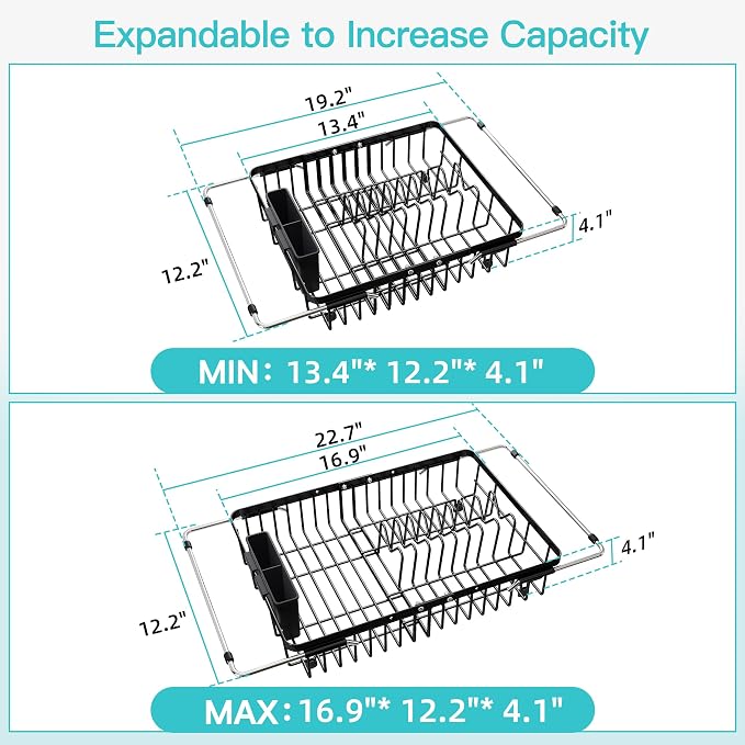 JASIWAY Black Dish Drying Rack Over the Sink with Utensil Holder | Expandable Stainless Steel Dish Driainers for Small Kitchen, Counter Space Saving, Fast Drain, Rust Resistant, For Apartment