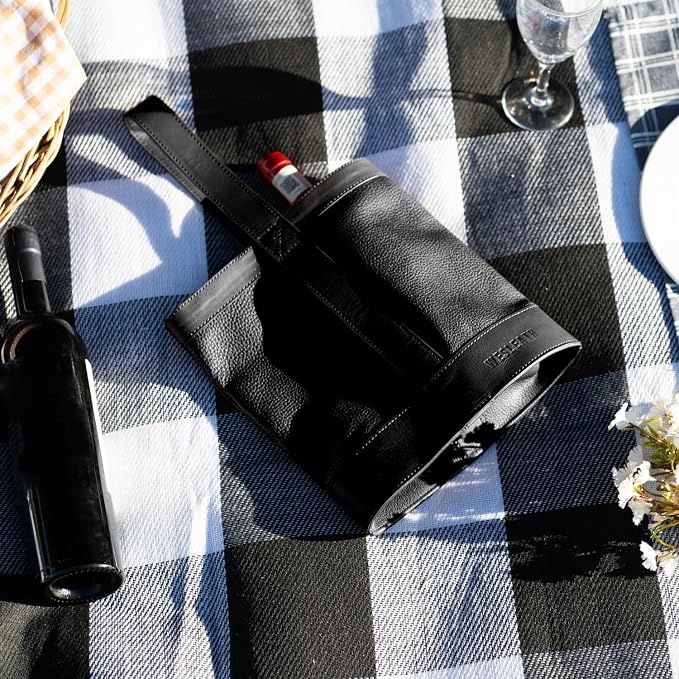 Double Wine Carrier Bag – Leather Wine Tote for Two Bottles with Handle – Protective Carrier for Picnic, Wine Champagne Gift Bag (Black)