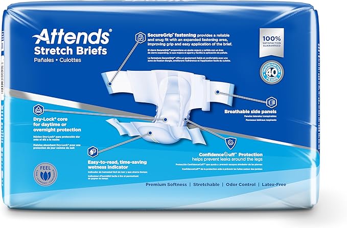 Attends Stretch Adult Incontinence Disposable Briefs, Medium/Regular, 31"-52" Waist with SecureGrip Tab Closure, Ultimate Absorbency with Dry-Lock Containment Core and Breathable Side Panels, 24ct Bag