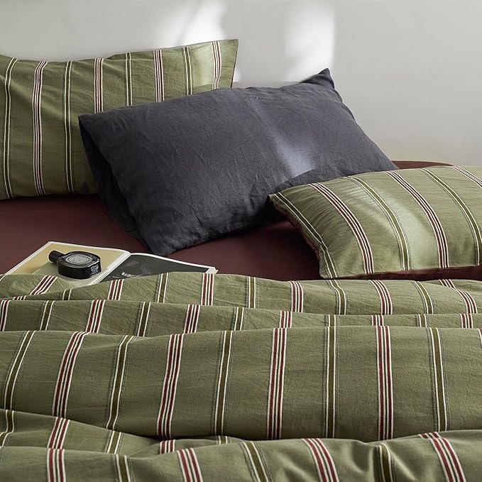 mixinni Vintage Striped Duvet Cover Set Queen – 100% Cotton Reversible Jacquard Bedding Set, Retro Olive Green & Terracotta Comforter Cover, Soft Breathable 3-Piece(1 Duvet Cover+2 Pillowcases)