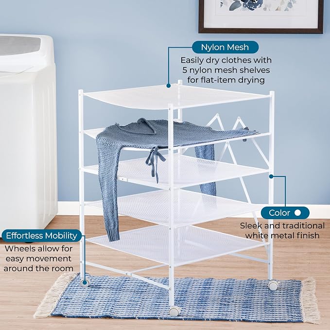 Honey-Can-Do 5-Tier Mesh Laundry Drying Rack with Wheels, Soft Nylon Flat Drying for Sweaters Delicates, Foldable Rolling Clothes Rack, 43 Linear Feet, Holds 30 lbs, White