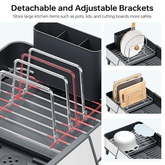 Urackify Expandable Dish Drying Rack for Kitchen Counter, 16.5"-24.2", Gray | Triple Extendable Rust-Resistant Stainless Steel Sink Dish Drainers with Utensil & Pans Holder for RV, Appartment
