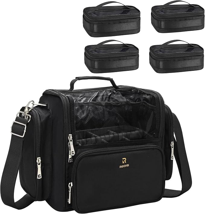 NAONAYA Makeup Brush Bag Extra Large Makeup Brush Case with 4 small bags Professional Makeup Artist Brush Holder Stand Up Organizer for Travel with Adjustable Dividers and Shoulder Strap