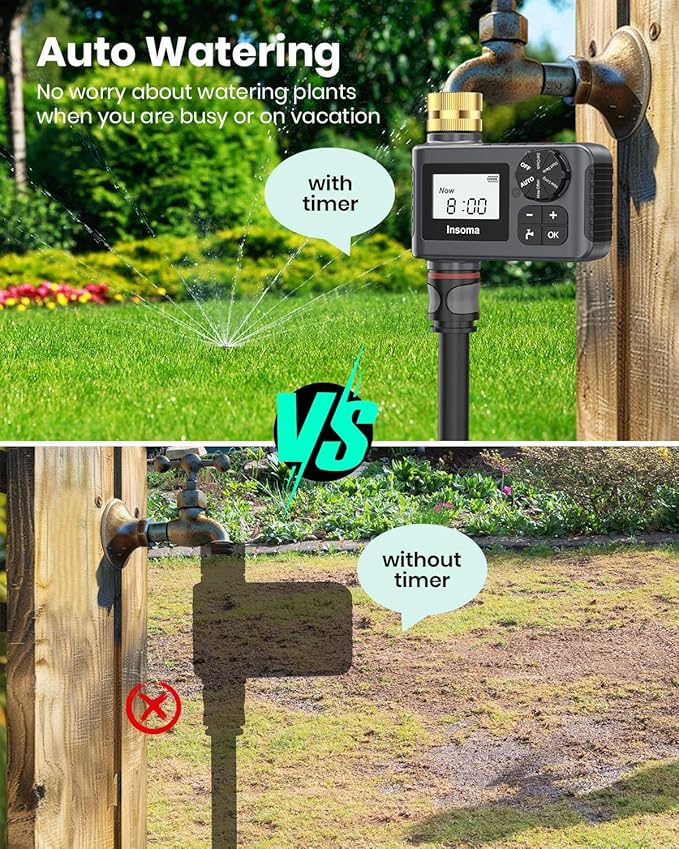 Sprinkler Timer with Brass Swivel, Programmable Water Timer for Outdoor Garden Hose, Hose Timers with Rain Delay/Manual/Auto Mode, Drip Irrigation and Lawn Watering System, 1 Outlet