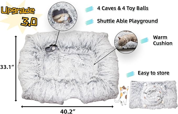 XxingSheep 4 Cave Shuttled XL Cat Tunnel Bed for Indoor Cats Peekaboo Toy Donut with Warm Mat, Yellow-Brown