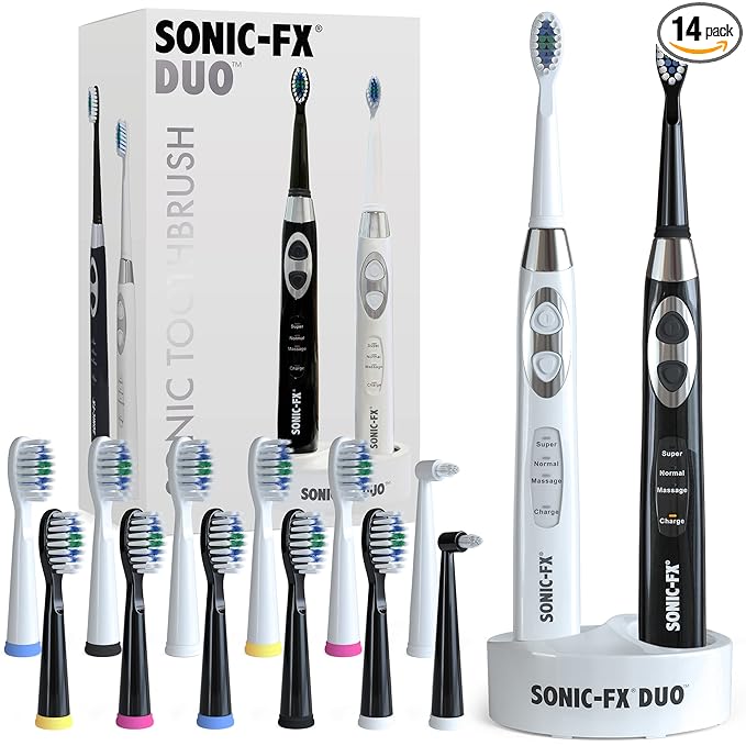 Sonic-FX Duo Rechargeable Electric Toothbrush Set - with 14 Brush Heads, 3 Modes, Smart Auto-Timer, Charging Dock Holder - Dual Handle Electric Tooth Brush for Adults & Kids, Black and White