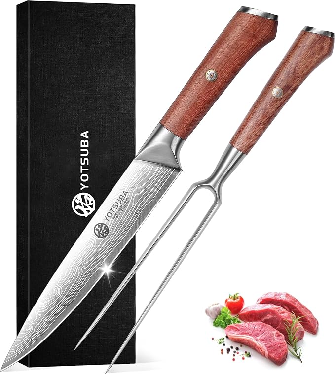 YOTSUBA Japanese Carving Knife and Fork Set, Razor-Sharp German Stainless Steel, Full Tang Ergonomic Rosewood Handle, Slicing Knife for Meats, BBQ & Brisket, Premium Gift