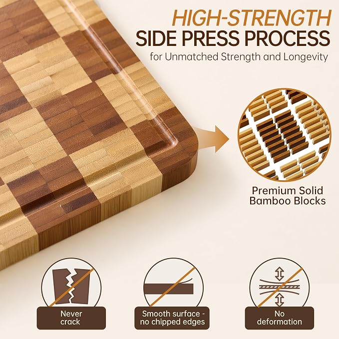 Bamboo Cutting Boards for Kitchen, End Grain Wood Cutting Board with Juice Grooves & Handles, Charcuterie Checkered Chopping Board Thick Butcher Block Serving Tray with Gift Box, 16.5"×11.6"× 1"
