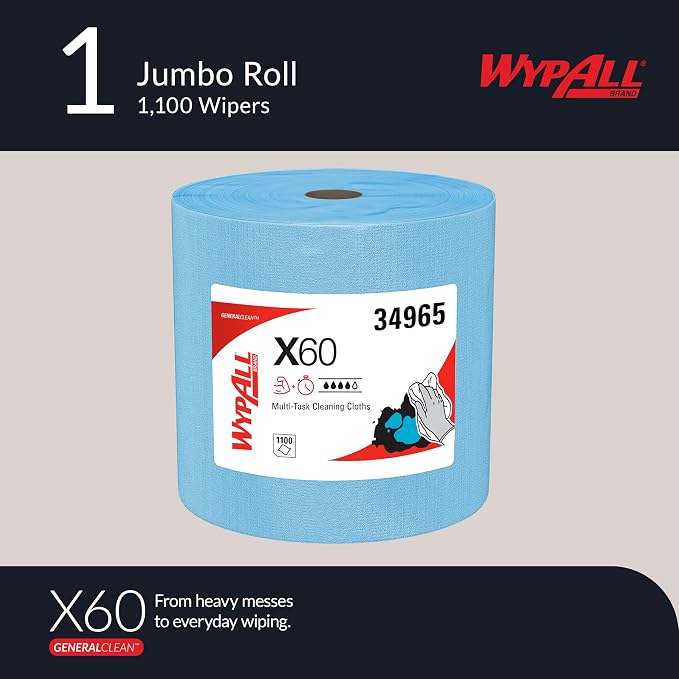 WypAll GeneralClean X60 Cloths Multi-Task Cleaning Wipes, Jumbo (34965), Strong and Absorbent Towels, Blue (1 Roll of 1,100 Sheets, 1,100 Sheet Total)
