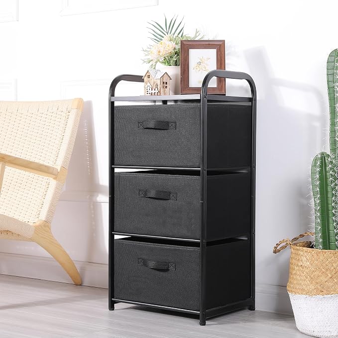 MAX Houser Dresser Storage with 3 Fabric Drawers, Black | Vertical Storage Unit for Bedroom,Chest of Drawers with Metal Frame, Wooden Tabletop, for Living Room, Closet