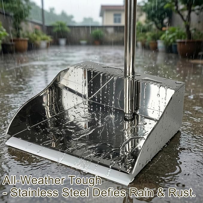 Metal Dustpan with Broom Set, Long Handle Stainless Steel Dustpan,Heavy Duty Standing Dust Pan with Teeth, Indoor Outdoor Up for Home Kitchen Lobby Room Office