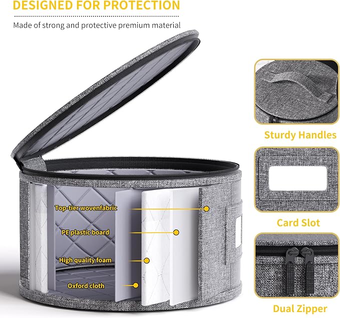 China Storage Containers,4 Piece Set,Hard Shell Moving Boxes for Dishes,Plate,Dinnerware,Saucers Quilted Organizer Dividers for Packing Fine China Storage Containers,Grey