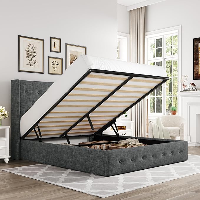 Allewie Queen Size Lift Up Storage Button-Tufted Bed Frame Dark Grey | Modern Wingback Headboard, Hydraulic Support Storage, No Box Spring Needed