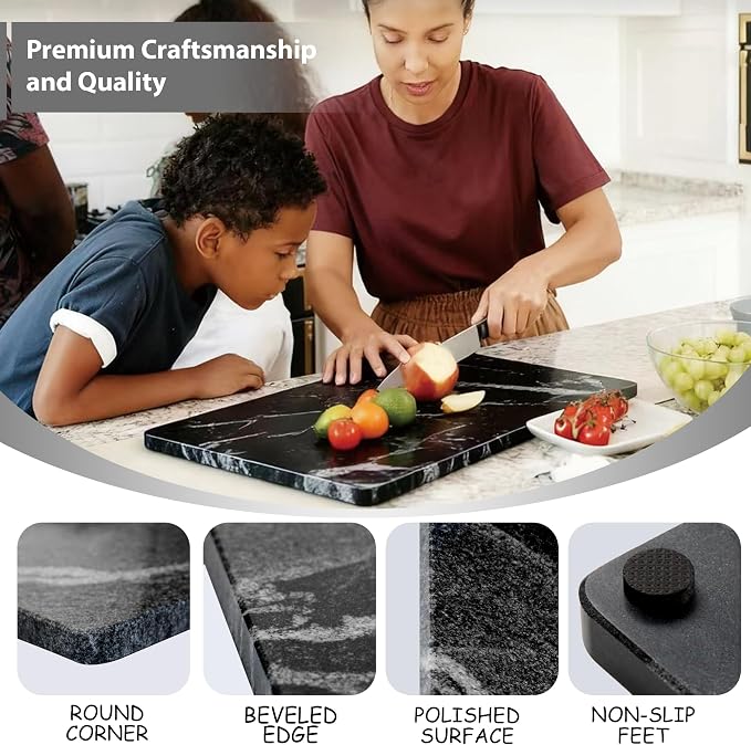 Black Marble Cutting Board for Kitchen, 20 x 16 Inch Large Marble Pastry Slab, Heavy Duty Stone Cutting Board for Dough Kneading, Baking, Rolling, Cheese, Cloud Mist Black