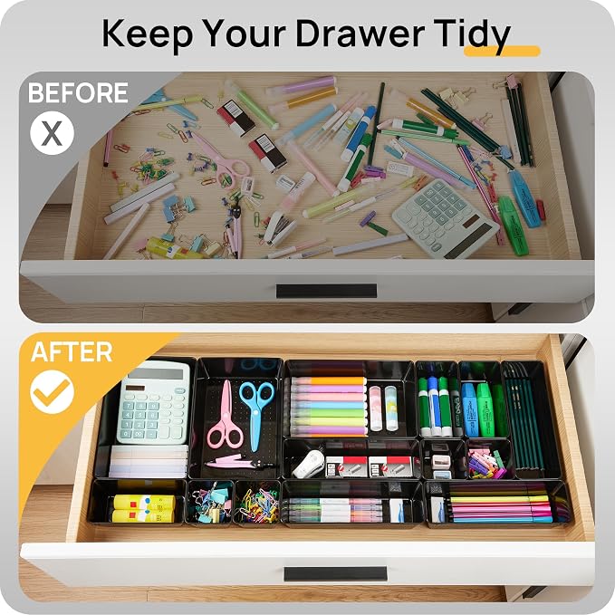 Vtopmart 25 PCS Office Desk Drawer Organizers Set, 4-Size Versatile Plastic Drawer Organizer Trays, Storage Bins for Desk Accessories Office Organizers and Storage, Bathroom, Makeup, Vanity, Black