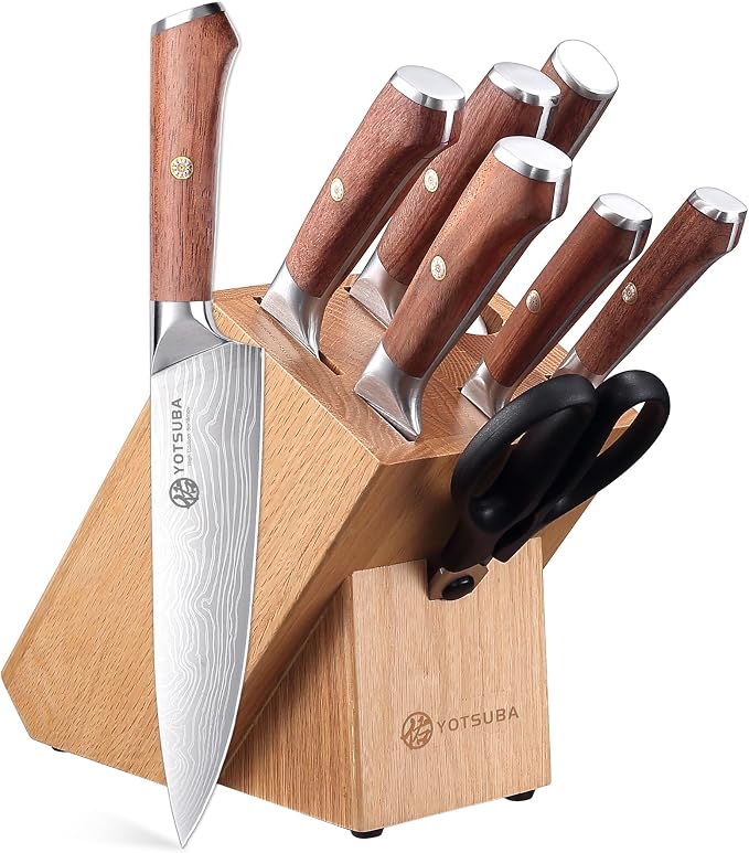 YOTSUBA 8PCS Japanese Style Natural Rosewood Knife Set with Block | High Carbon Stainless Steel, Ultra Sharp, Full Tang Construction, Poke-Proof Construction, Ergonomic Kitchen Knives