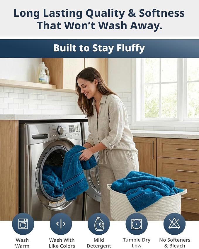 LANE LINEN Oversized Bath Towels - Zero Twist - Resists Pilling & Shedding - 4 Pack (35"x66") Extra Large Towel Sets - Soft, Fade Resistant & Quick Dry - Pre Shrunk to maintain perfect size - Sea Port
