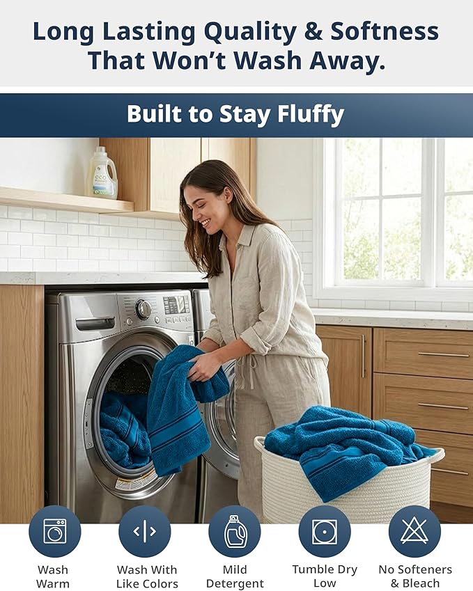 LANE LINEN Luxury 6-Piece Bath Towel Set - 100% Cotton, Quick-Dry, Super Absorbent, Zero Twist - Includes 2 Bath Towels, 2 Hand Towels, 2 Washcloths - Sea Port