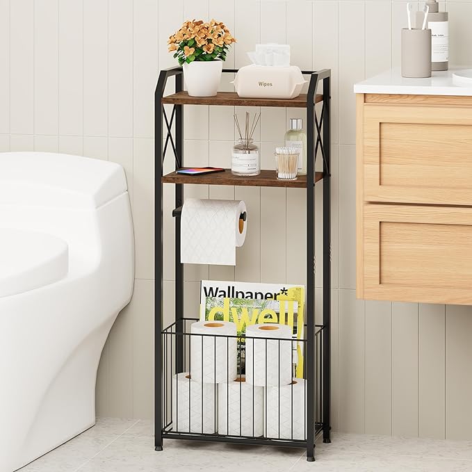 HapiRm Freestanding Toilet Paper Holder - 4-Tier Bathroom Tissue Organizer with Wood Shelves and Large Basket, Toilet Paper Holder Stand for Bathroom, Laundry Room, Apartment - Black（Large）