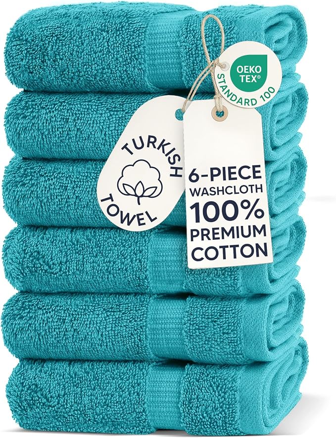 Chakir Turkish Linens 6 Piece Washcloth Set, 100% Cotton Turkish Washcloths for Bathroom, Luxury Soft Absorbent Face Towels, 13 x 13 Inches, Aqua