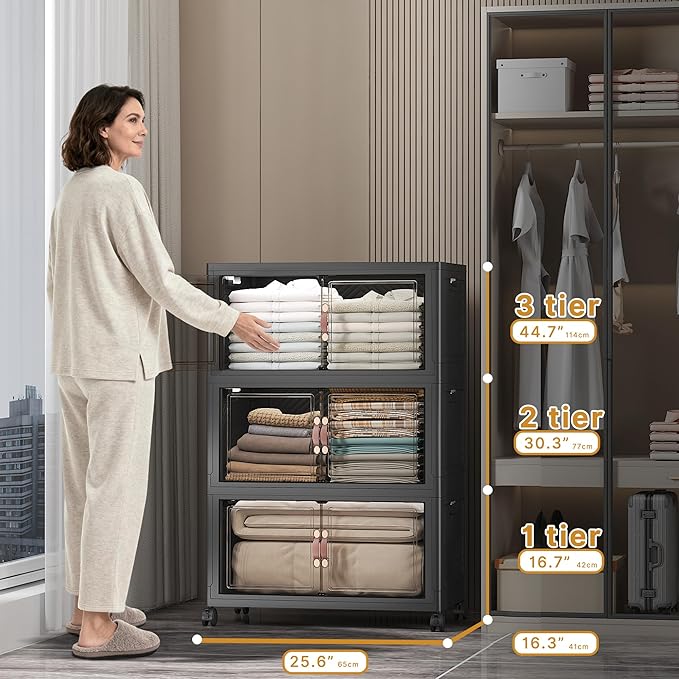 Stackable Storage Bins, 672QT Collapsible Drawers with 2 Lids | Large Capacity, Magnetic Door, Stack Lock, Rolling Wheels, Foldable Design, Organizers and Storage for Bedroom Dorm Garage