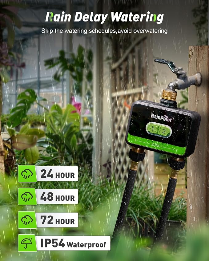 RAINPOINT Smart Water Timer, Smart Hose Timer 2 Outlet with Brass Inlet & Outlet (Not Gateway), Wireless Sprinkler Controller with Rain Delay, Automatic Irrigation System for Lawns and Yard