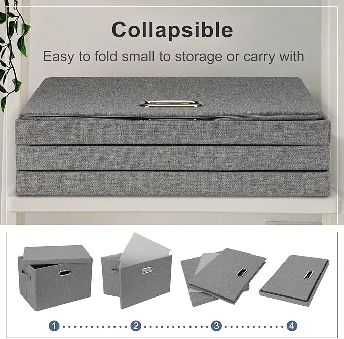Graciadeco Large 17" 36 Quart Collapsible Stackable Storage Bins with Lids, 3 Packs Grey Linen Fabric Closet Boxes with Lids, Storage Cube Baskets Container Organizers for Bedroom Office(17 x12 x11)