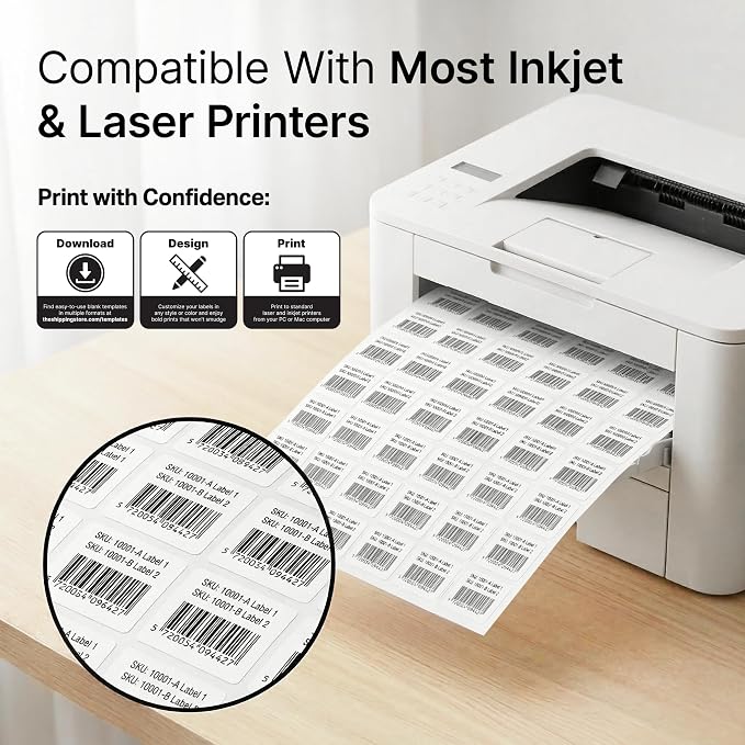 1" X 1" Matte White Printable Labels (100 Sheets, 6300 Stickers) Custom Stickers, Logo and Barcode Stickers for Laser & Inkjet Printers - Spartan Industrial Template S001