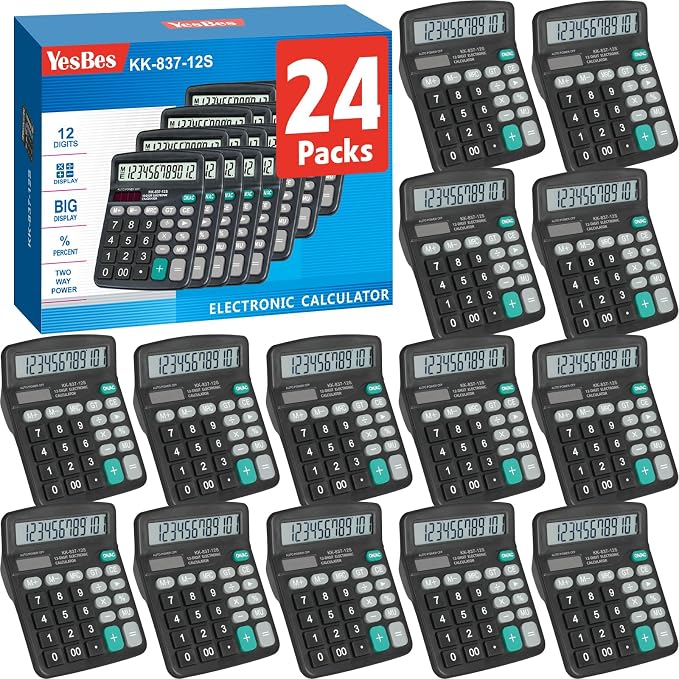 24 Pack Calculator Bulk, 12 Digits Calculators Desktop with Large LCD Display and Sensitive Butto, Solar and Battery Dual Power, Desk Calculator for School, Office, Home
