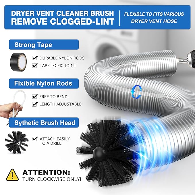 PetOde 22-Pieces 32-Feet Dryer Vent Cleaner Kit, Dryer Vent Cleaning Kit | Lint Remover Dryer Vent Brush, Vacuum Hose Attachment Cleaning Tools, Flexible Lint Trap Brush, Vacuum & Dryer Adapters