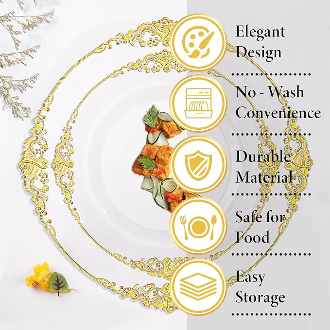 Nervure 350PCS Clear Gold Plastic Plates - Gold Plastic Dinnerware Sets for 50 Guests - 100 Disposable Plates, 150 Silverware, 50 Cups, 50 Napkins for Wedding & Party