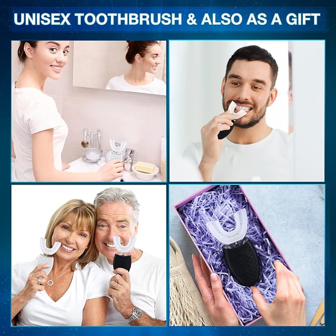 U Shaped Automatic Toothbrushes 360 Degree Ultrasonic Electric Toothbrush for Adults, 2 Pack, Black White(No Base)