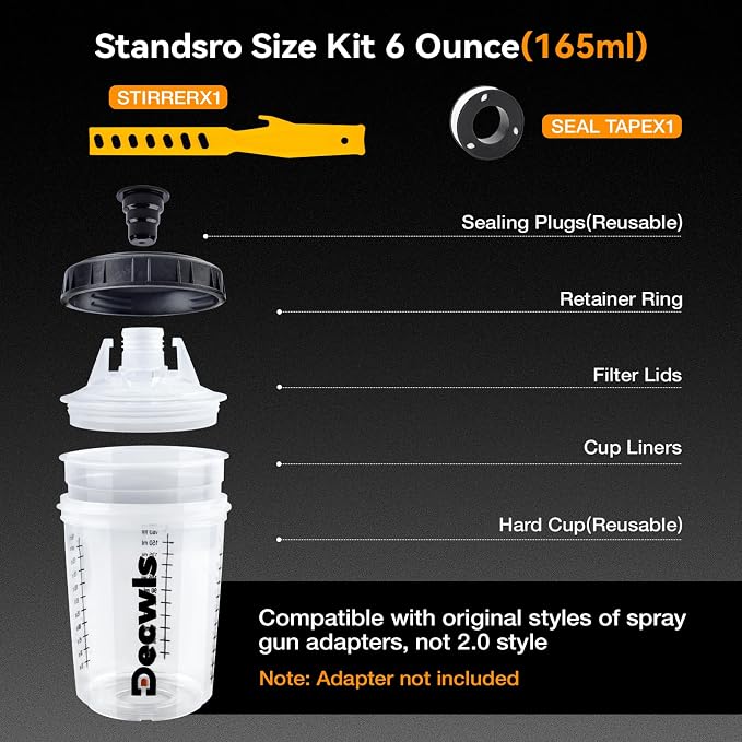 6 oz Disposable Paint Cups, 30 Mini Paint Cups with Lids and Liners | 125-Micron Filter, 2 Hard Cup with Retainer Ring, 20 Plugs, 1 Stirrer, 1 Seal Tape, Kit for HVLP/LVLP Spray Gun