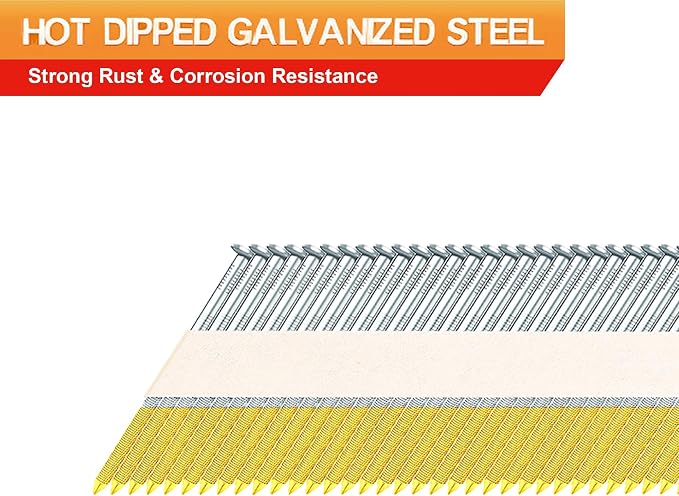 34°Framing Nails,Ring Shank,2-1/2":1000pcs | Hot Dipped Galvanized,Paper Tape Strip,D Head Nail,For 30 to 34 Degree Framing Nailer