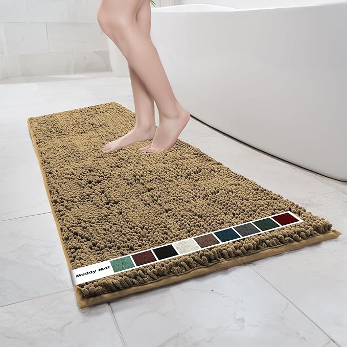 Muddy Mat® | Chenille Bathroom Rugs Quick Dry Microfiber Mats Non Slip Washable, Extra Thick, Soft and Highly Absorbent Bath Mats for Bathroom, Kitchen, and Shower Floor - Beige 24"x59"