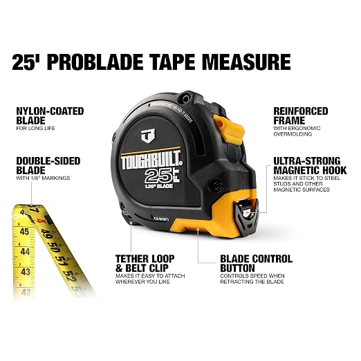 ToughBuilt - 25 Ft. ProBlade Tape Measure, Blade Control, TB-H2-T-12225 | 1.25 In. Double-Sided Blade, Magnetic Hook, 11 Ft. Standout, Blade Control, Professional Accuracy