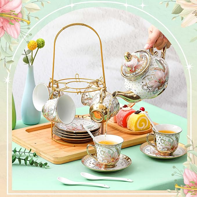 Zhehao 20 Pcs Porcelain Tea Set with Metal Holder and Spoon Adult Ceramic Tea Set European Flower Painting Teapot Cup Saucer Spoon for Women Mom Gift, Large Version (Traditional Style)