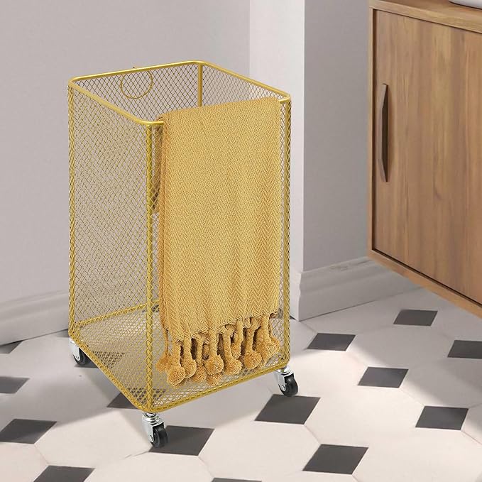 Rolling Laundry Hamper with Wheels Metal Wire Laundry Basket Cart Heavy Duty Clothes Toy Sundries Storage Organize Hamper Bin for Living Room Bathroom Closet Bedroom (Gold, Square)
