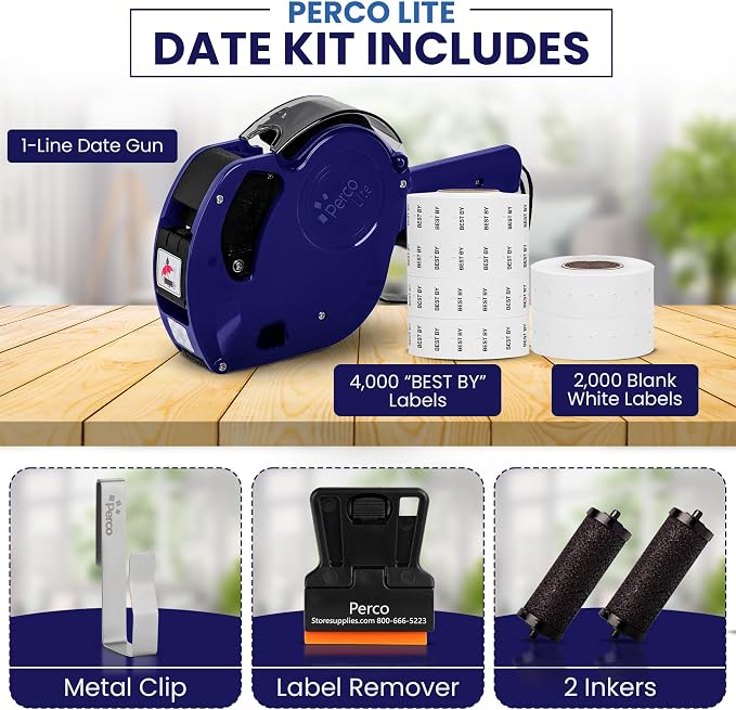 Perco Lite 1 Line Date Gun Kit for Retail Business – Includes 2 White Rolls, 4 Rolls of Best By Labels, Gun Clip & Ink Rollers – Pre-Loaded w Labels & Ink