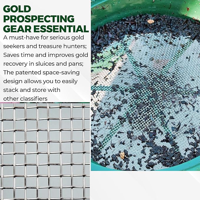 SE 13.25 Inch Wide Stackable Classifier Gold Prospecting Pan - 1/8 Inch Stainless Steel Mesh Sifting Pan, Green